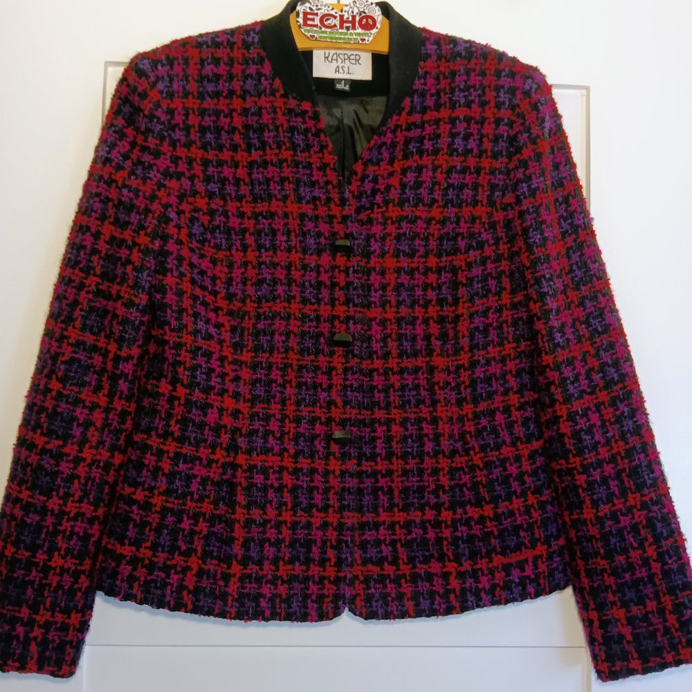 KASPER Chanel Style Black, Red, Purple Tweed Houndstooth Wool Blazer